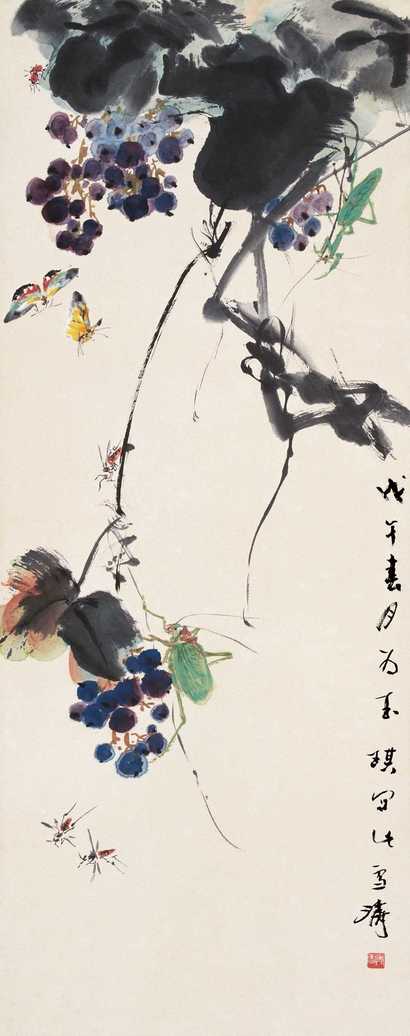 王雪涛 戊午（1978年）作 葡萄草虫 立轴